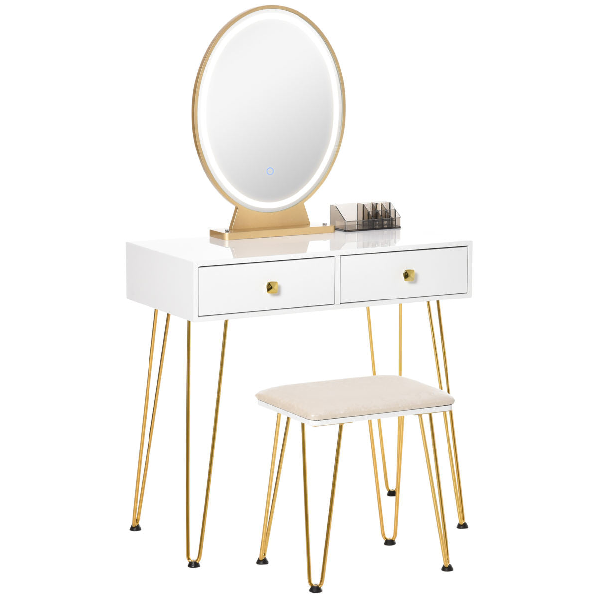 Dressing Table With LED Mirror And Cushioned Stool, Vanity Desk With Acrylic Lipstick Holder And 2 Drawers, Makeup Table For Bedroom, White