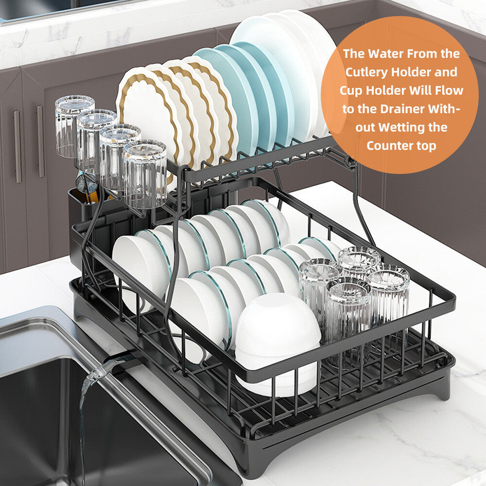 2 Tier Dish Drainer Drying Rack With Cup Holder Cutlery Tray Kitchen Organiser