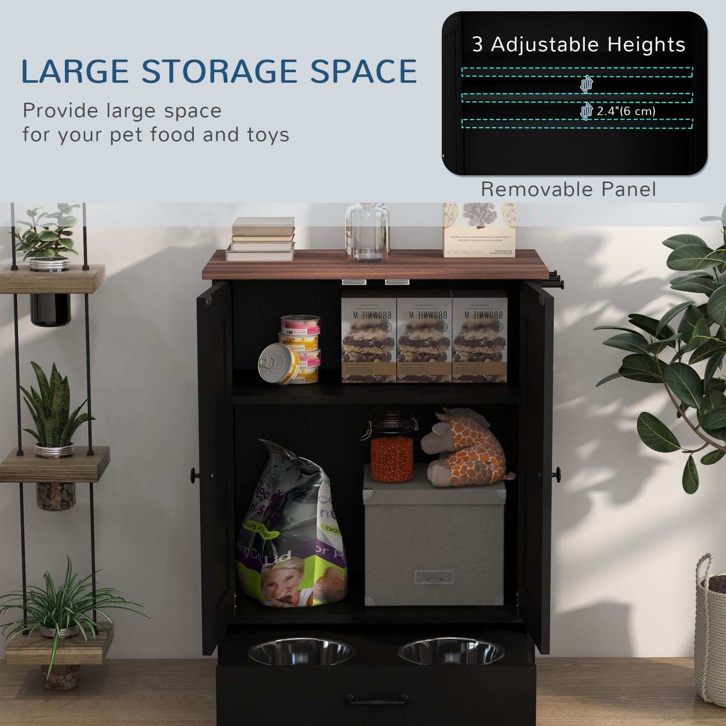 Pet Feeding Station, Dog Food Storage Cabinet w/ Raised Dog Bowls, Adjustable Panel, Hooks for Medium Dogs, Black