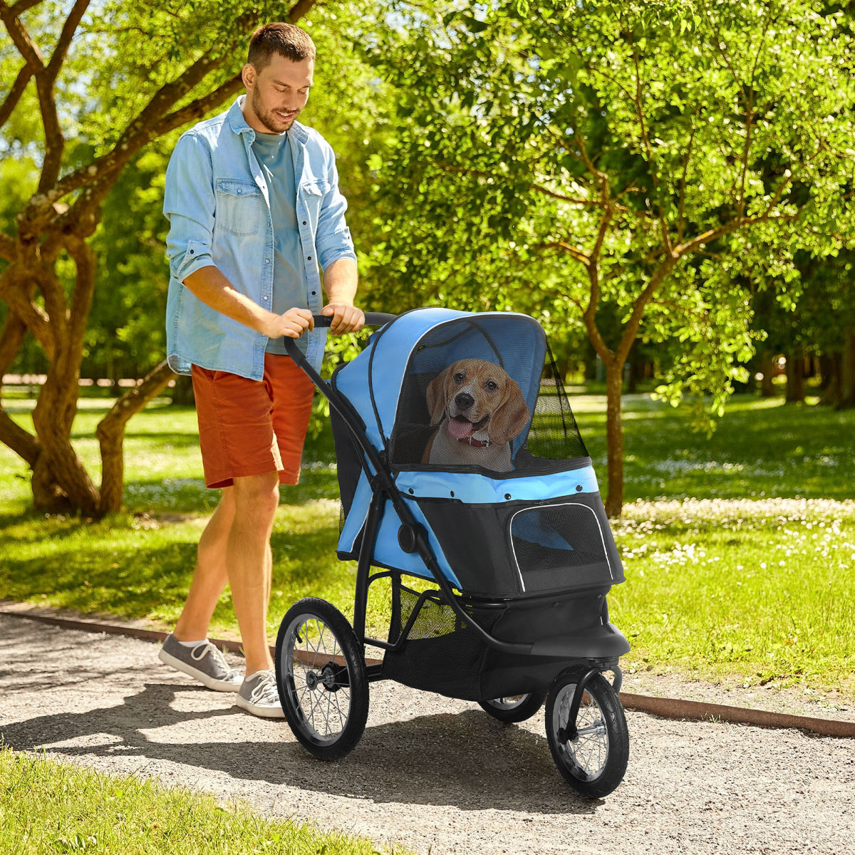 3 Wheels Pet Stroller for Small Dogs and Medium Dogs with Adjustable Canopy, Safety Tether, Storage Basket, Blue