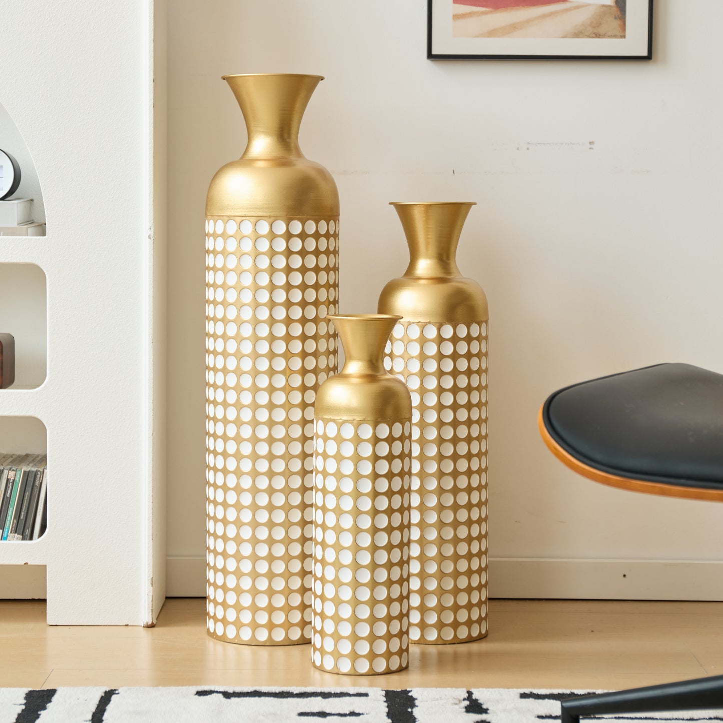 3-Piece Golden Metal Floor Vase Set With White Dot Pattern, Stackable Space-Saving Packaging, Tall Stand Vases For Dried Flowers Pampas Grass, Luxury Home Decoration For Living Room Hallway Hotel, Non
