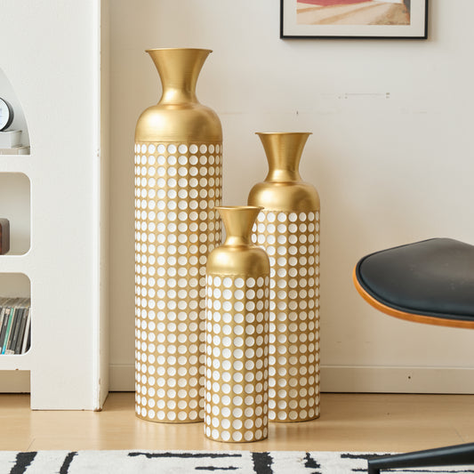 3-Piece Golden Metal Floor Vase Set With White Dot Pattern, Stackable Space-Saving Packaging, Tall Stand Vases For Dried Flowers Pampas Grass, Luxury Home Decoration For Living Room Hallway Hotel, Non