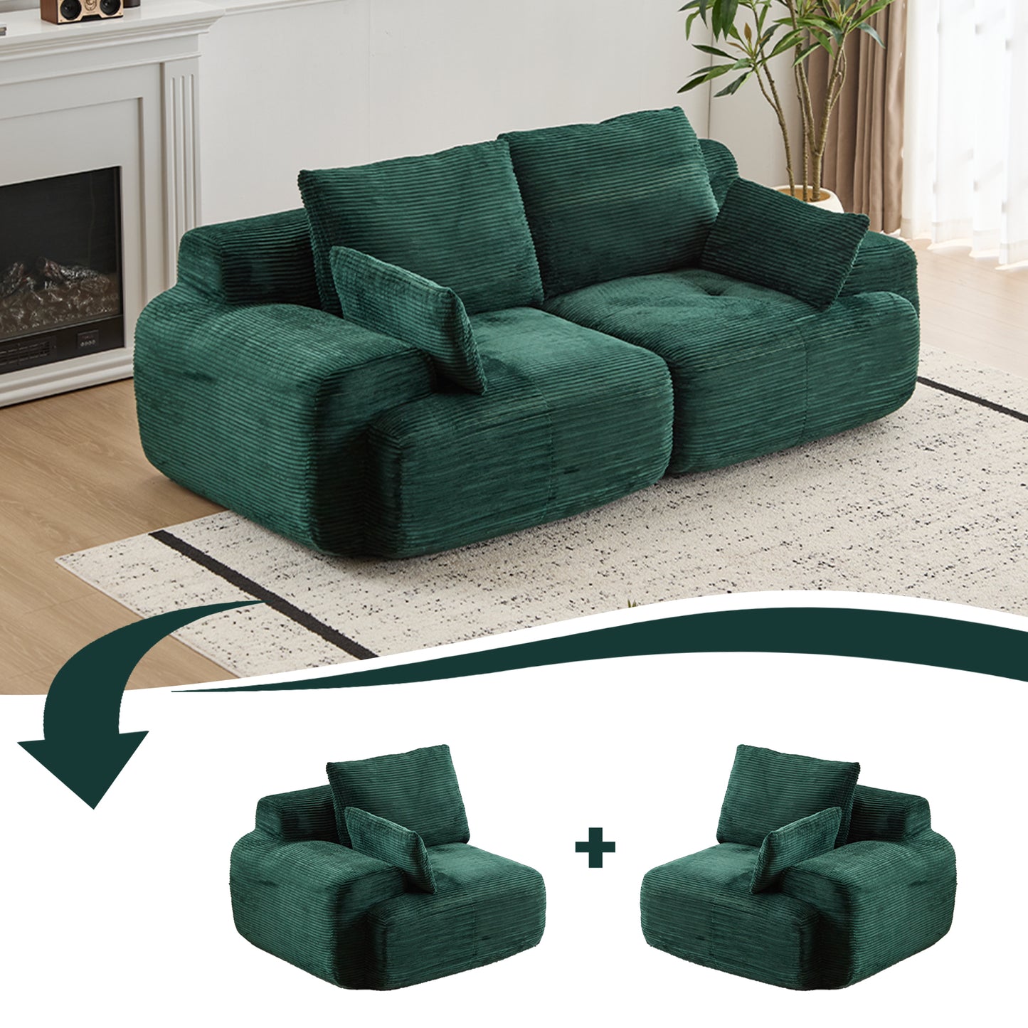 Modern Memory Foam Compressed Sofa,2 Seater Large Sectional Couches For Living Room,Pet-Friendly Cloud Modular Sectional Sofa,Corduroy Fabric,Extra Deep Loveseat,No Assembly Required, Green