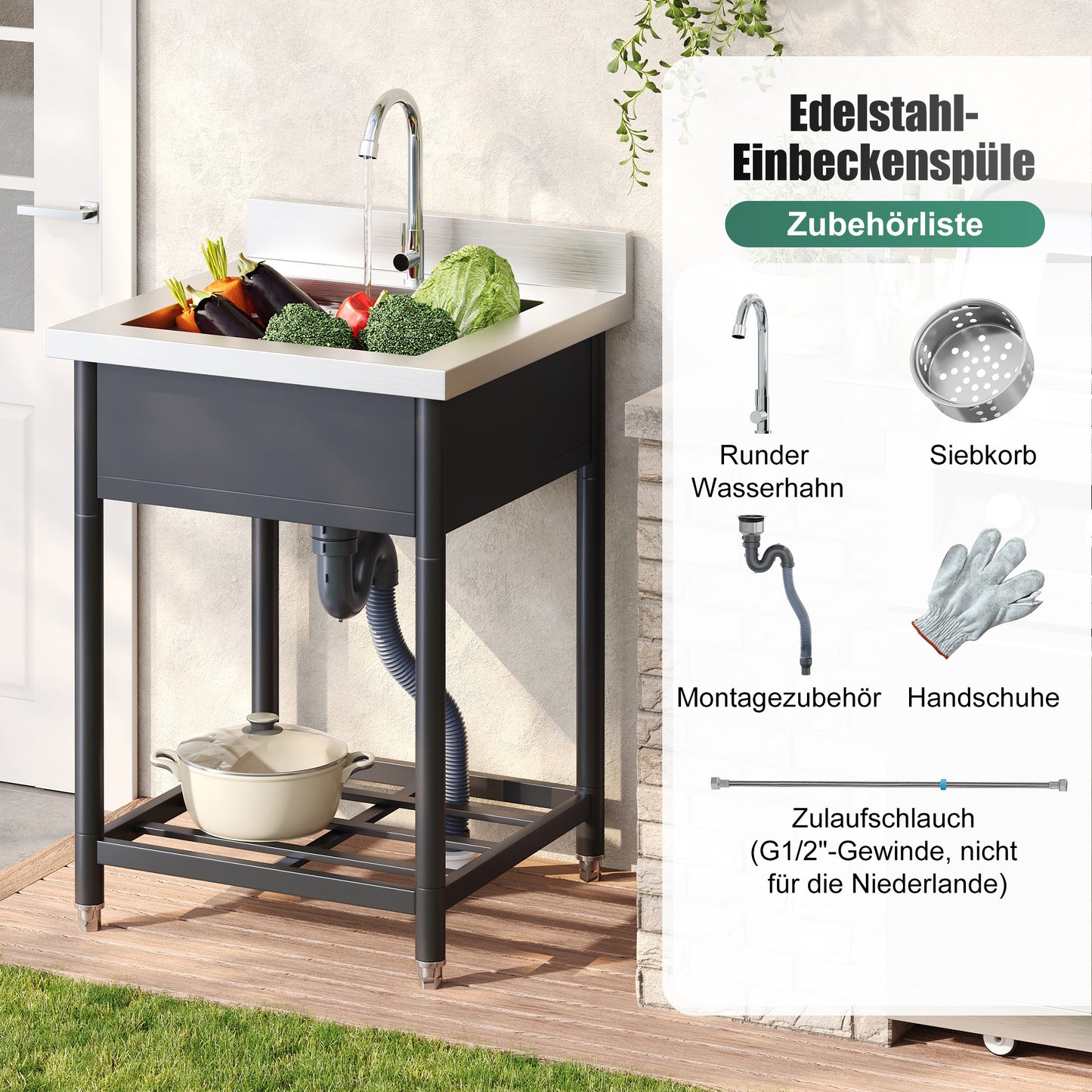 Freistehing Stainless Steel Sink For The Outdoors, 60x60cm, With Faucet And Drain, Including Storage, Generous One-piece Design, Suitable For Kitchen, Garden, Workshop And Commercial Purposes.