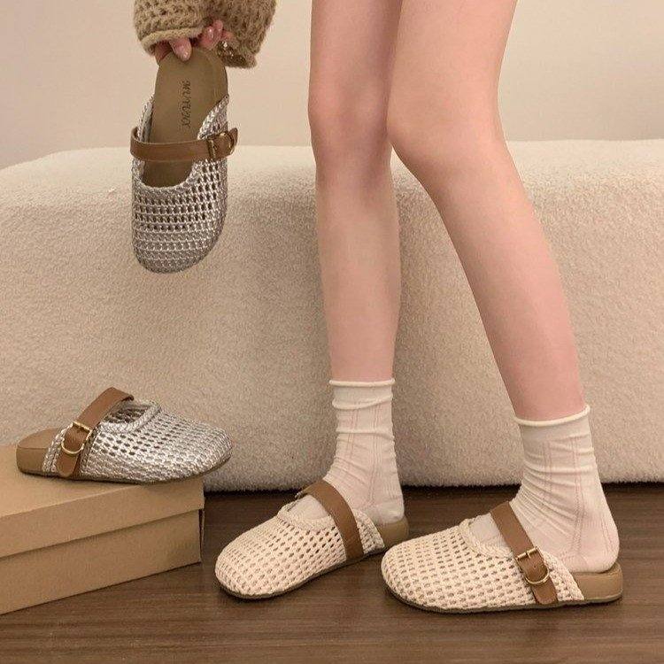 Sandals With Thick Soles, Sandals For Outdoor Wear, Mesh Woven New Style, Haken Summer Retro Toe Cap, Half Slippers For Women, Hollowed Out Design