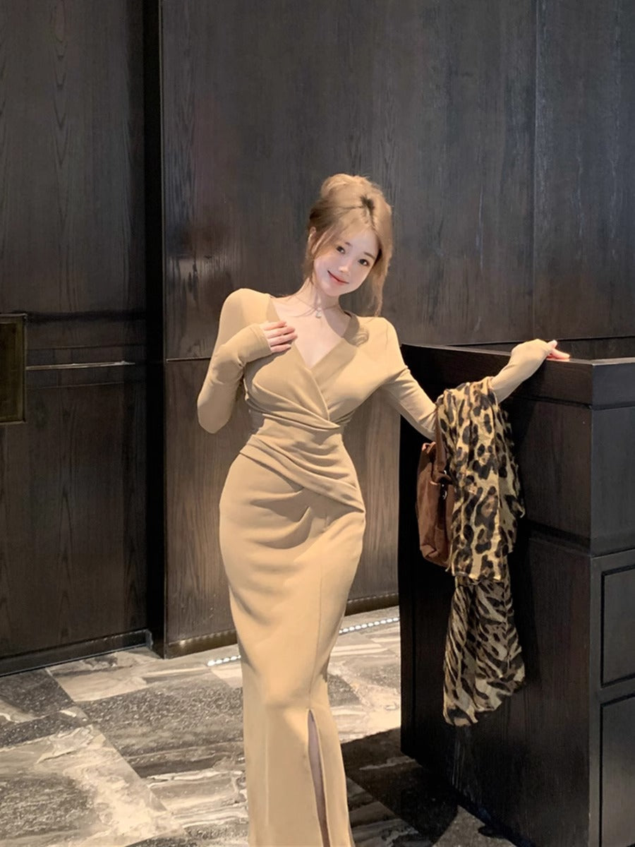 Womens Stylish Slit Body-hugging Long-sleeve Dress