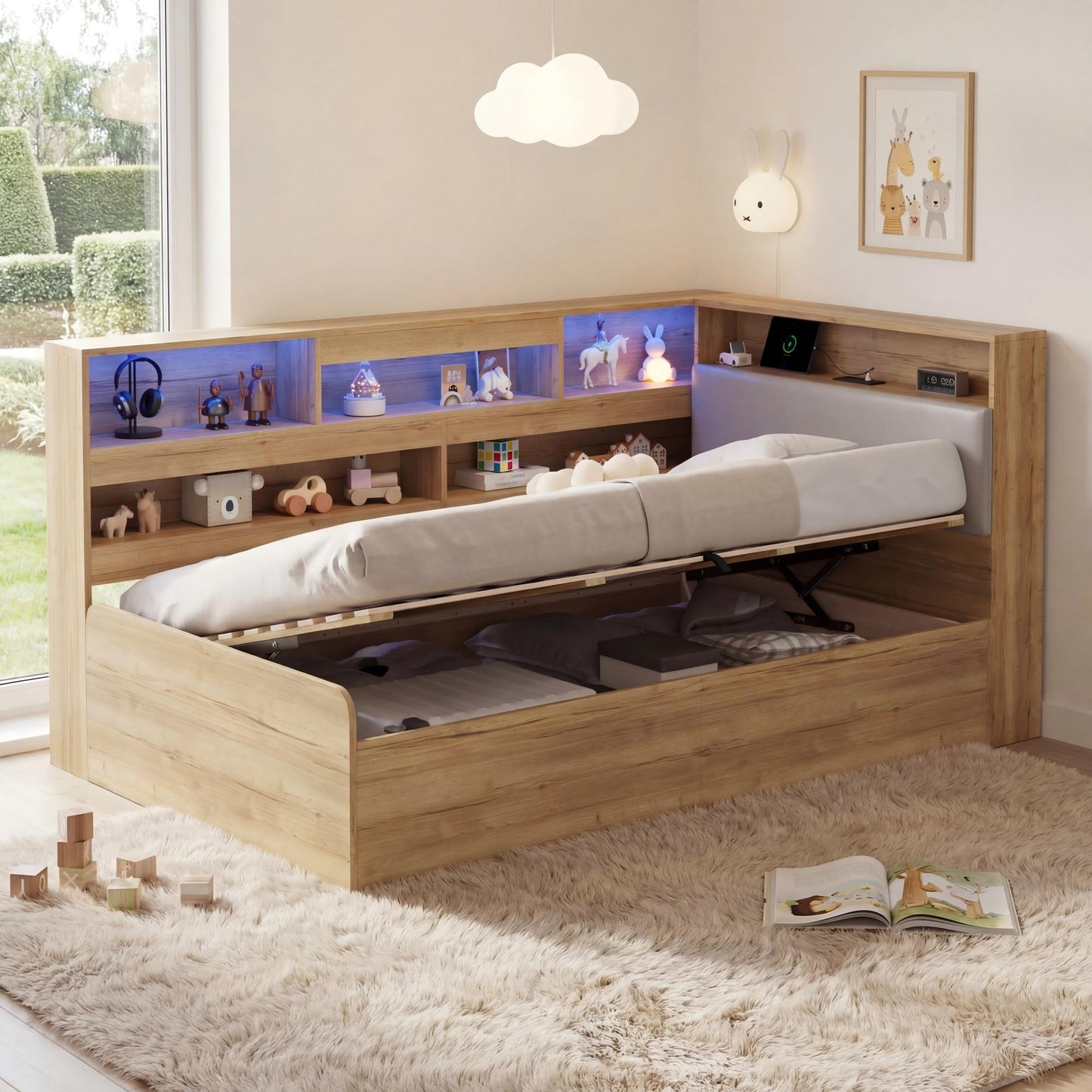 Daybed, Hydraulic Storage Bed, Children's Bed 90x200cm, Wooden Bed, Youth Bed, With USB Charging Station And LED Lighting, Natural Colour