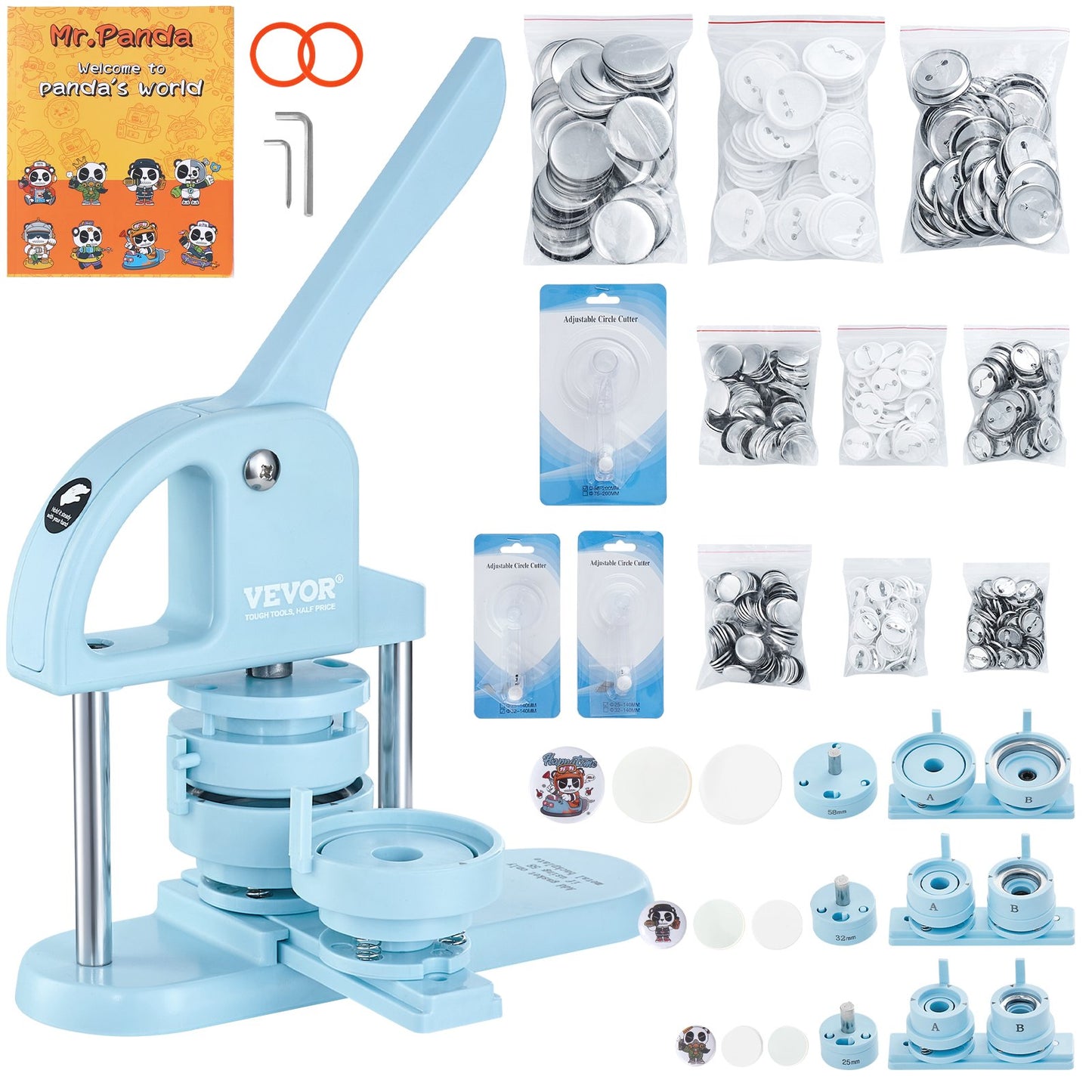 3-IN-1 Button Maker,300pcs Button Parts, Button Maker Machine With Panda Magic Book, ErgonomicArc Handle Punch Press Kit, For Children DIY Gifts, Blue