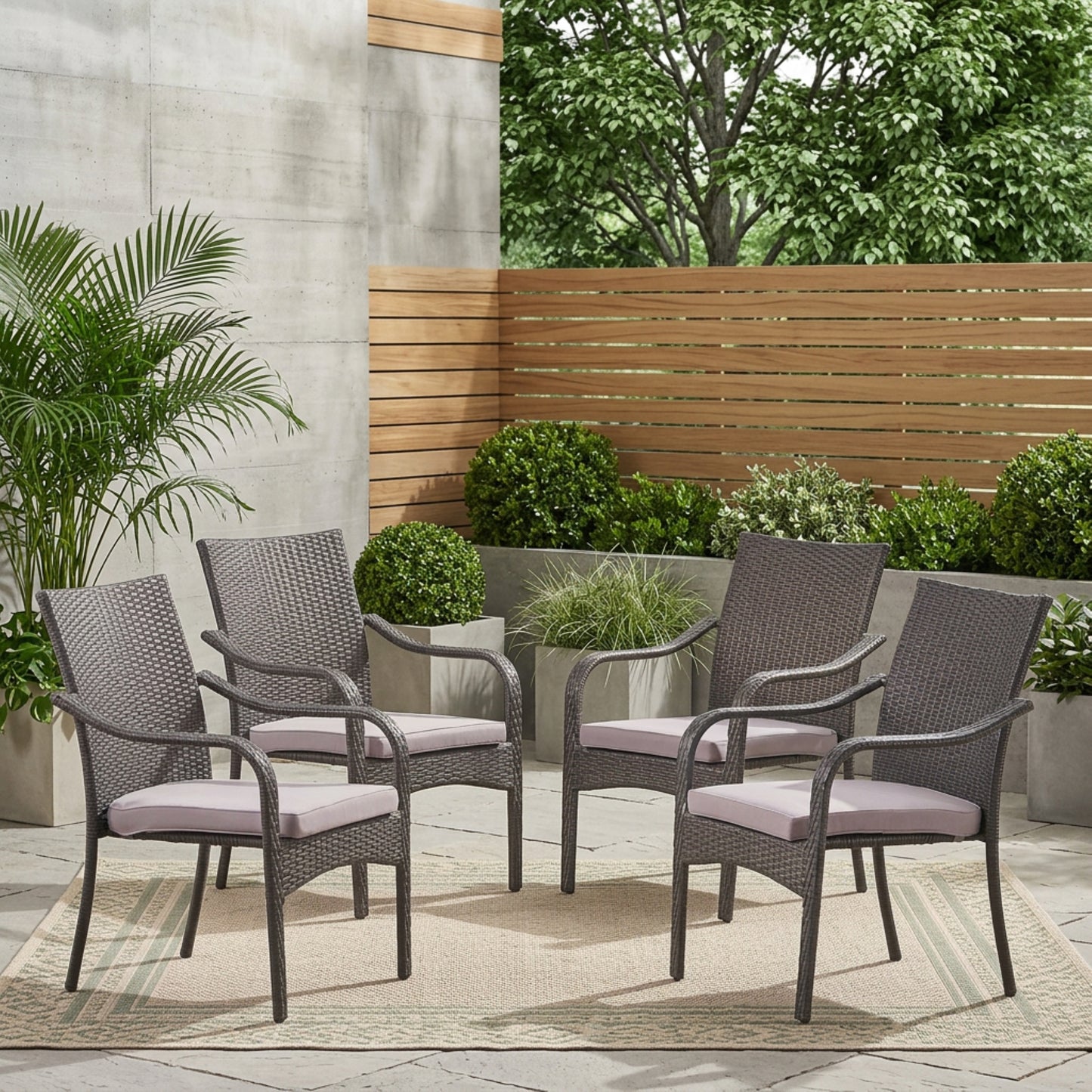 Outdoor PE Rattan Stacking Chair With Iron Frame And Cushions Set Of 4 , Grey Wicker