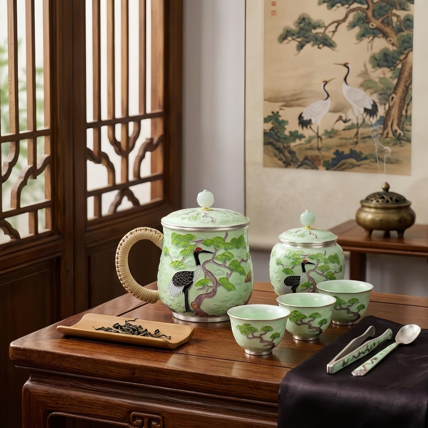 925 Sterling Silver Oriental Crane and Pine Tree Enamel Tea Mug with Woven Handle and Finial Lid - Handicraft