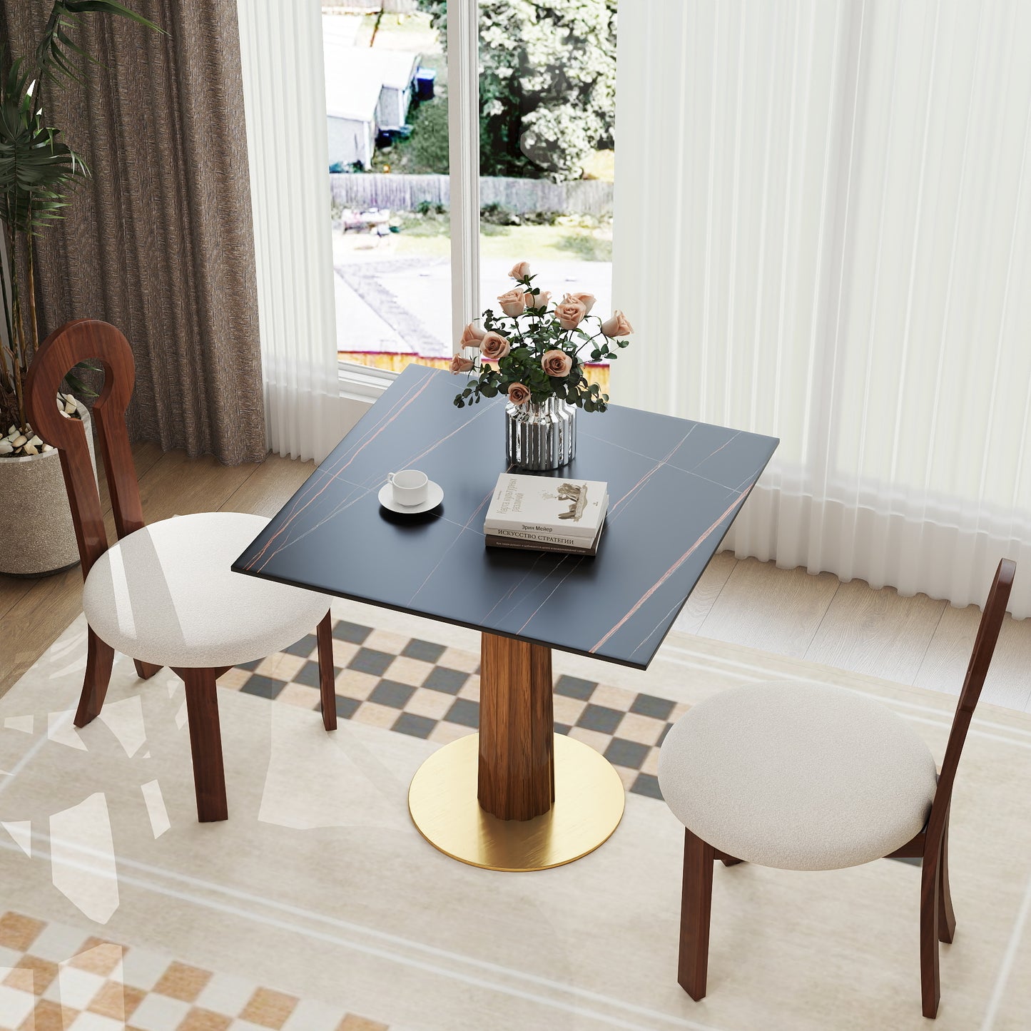 Modern Square Dining Table, 33.5  Sintered Stone Table With Wooden Leg & Gold Base, 2 - Person Kitchen Table For Small Space, 150lbs Weight Capacity Only The Negotiation Table