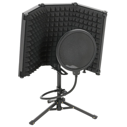 Studio Microphone Isolation Shield With Pop Filter And Tripod Stand, Foldable Adjustable Recording Studio Equipment, 3-Panel High Density Absorbent Foam Shield With 3/8" Threaded Mount, Black