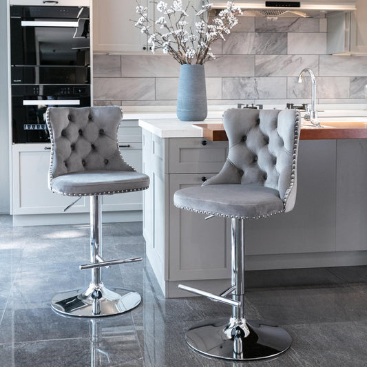 Swivel Velvet Barstools Adjustable Seat Height From 25-33 Inch, Chrome Base Bar Stools With Backs Comfortable Tufted For Home Pub And Kitchen Island, Set Of 2,DE1712GY,Gray