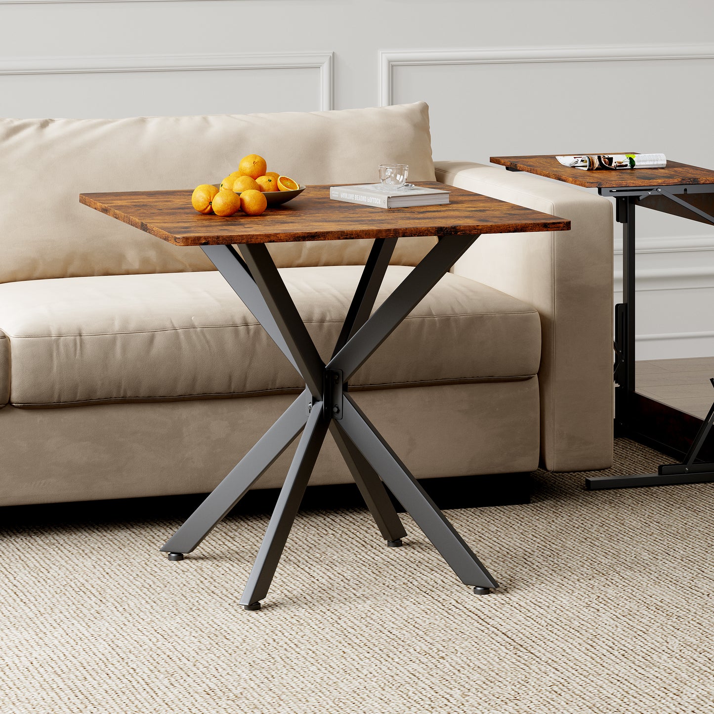 Rustic Square Side Table, X-Frame Metal Legs With Wood Grain Tabletop, Industrial Accent End Table For Living Room, Bedroom & Home Office, Brown, 31.5 X 31.5 X 29.5 Inches