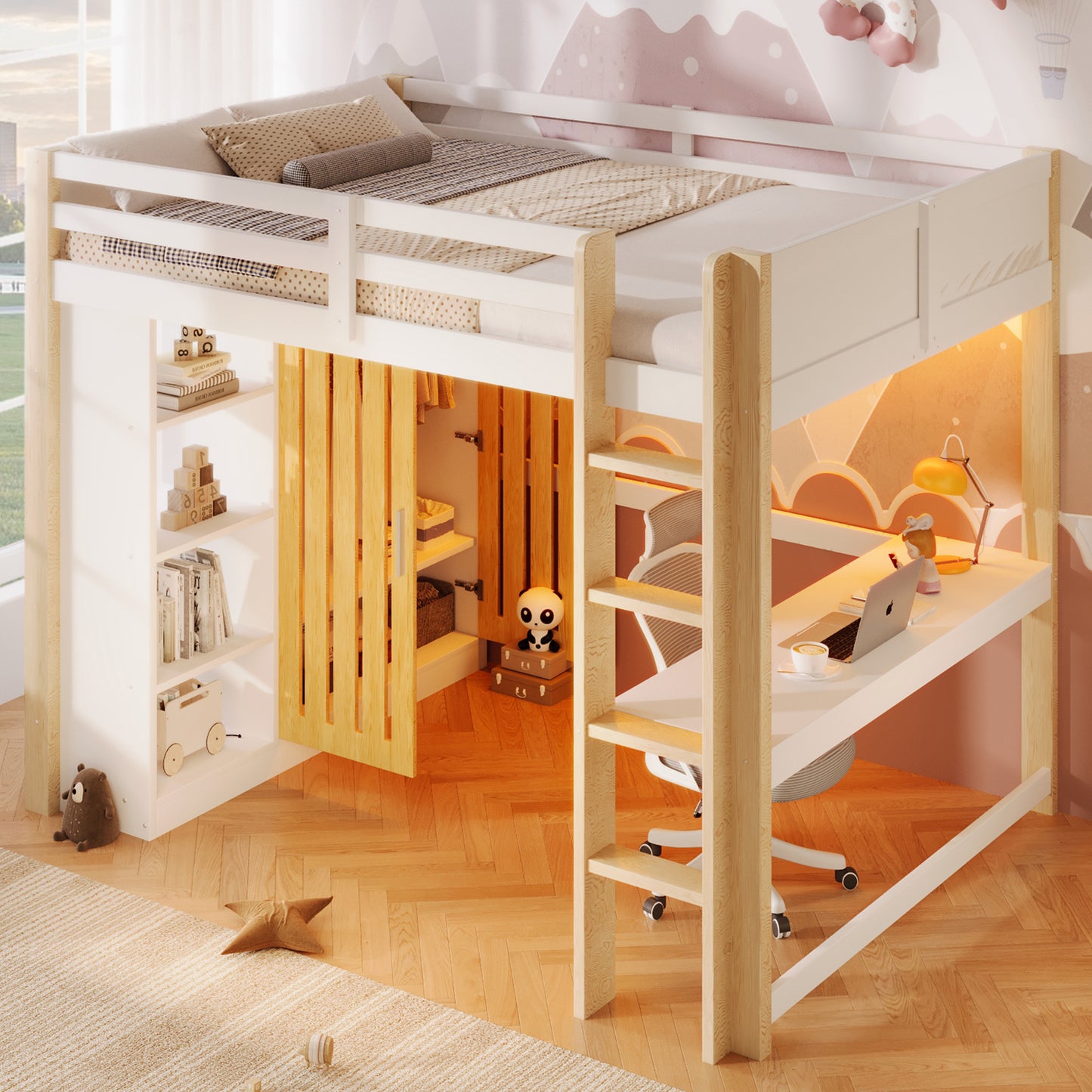 Loft Bed, 140x200cm, With LED Lights, Wardrobe, Shelf, Desk, Without Mattress, White Natural