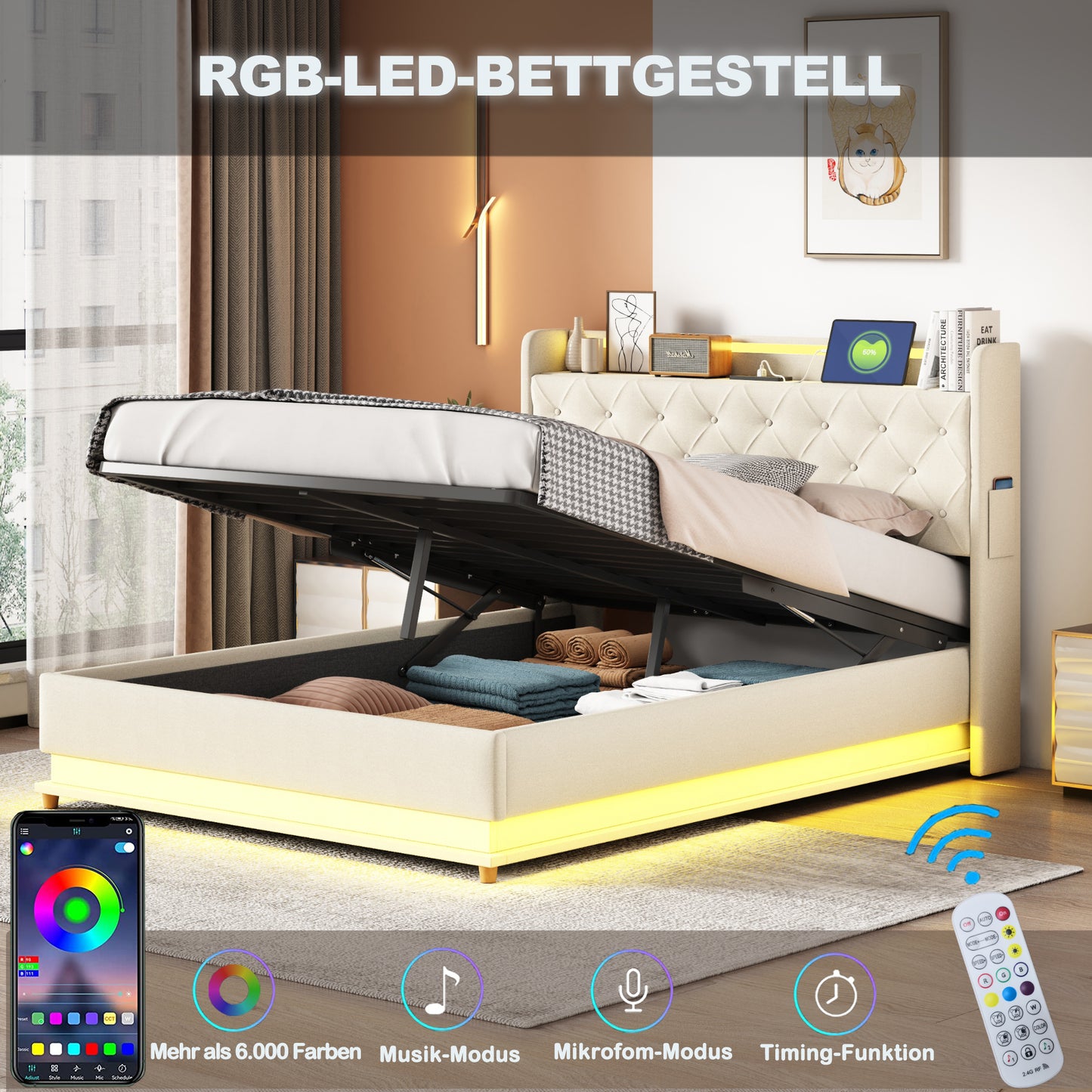 LED Upholstered Bed 140x200 Cm With USB Charging Port And Hydraulic Storage, Skin-friendly Linen Fabric Beige