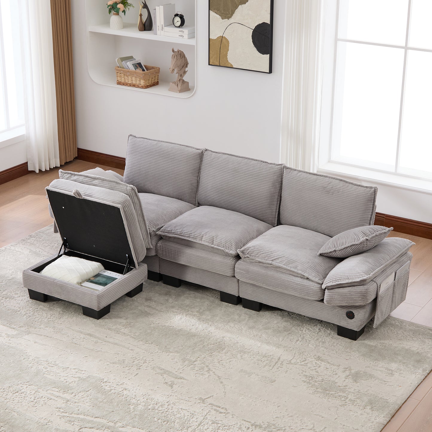 Modular 3-seater Corduroy Sofa  With 1 Stool Wide Seat, Ergonomic Design, High-density Foam Padding, USB-C Port And Side Pockets.Ideal For Living Room, Office Or Lounge.Light Grey