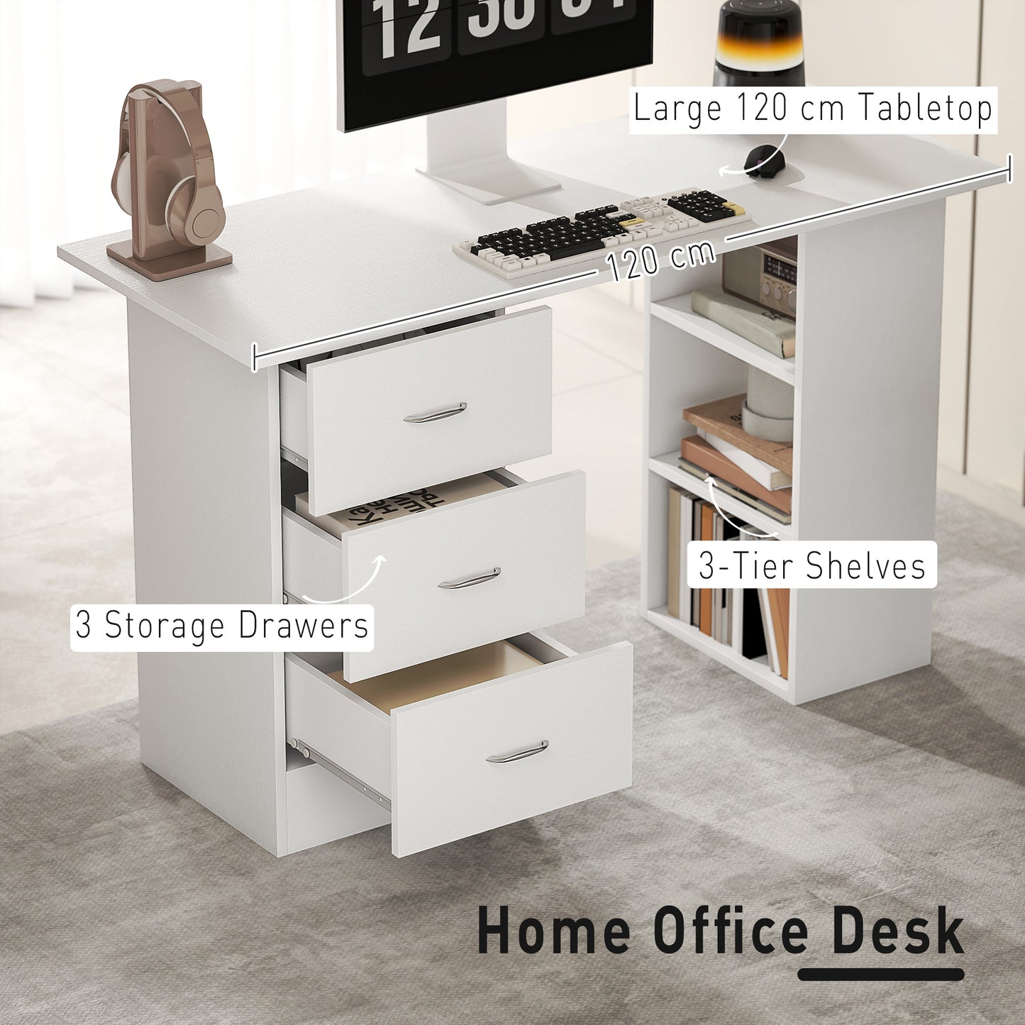 Computer Desk, Writing Table, PC Workstation With 3 Storage Shelves And Drawers, Silver Handle, For Home Office, White