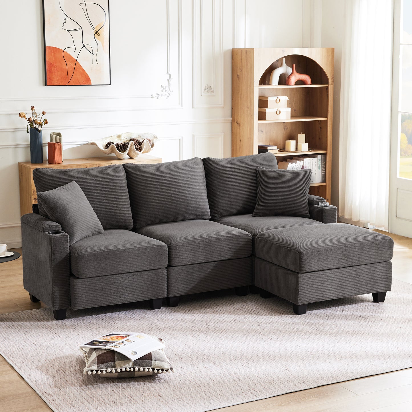 L-Shaped Corner Sofa,Convertible 3 Seater Sofa With Footstool, Cup Holder, USB Charger, Armrest Rest And 2 Cushions, Suitable For Living Room-Office-Apartment, Dark Gray