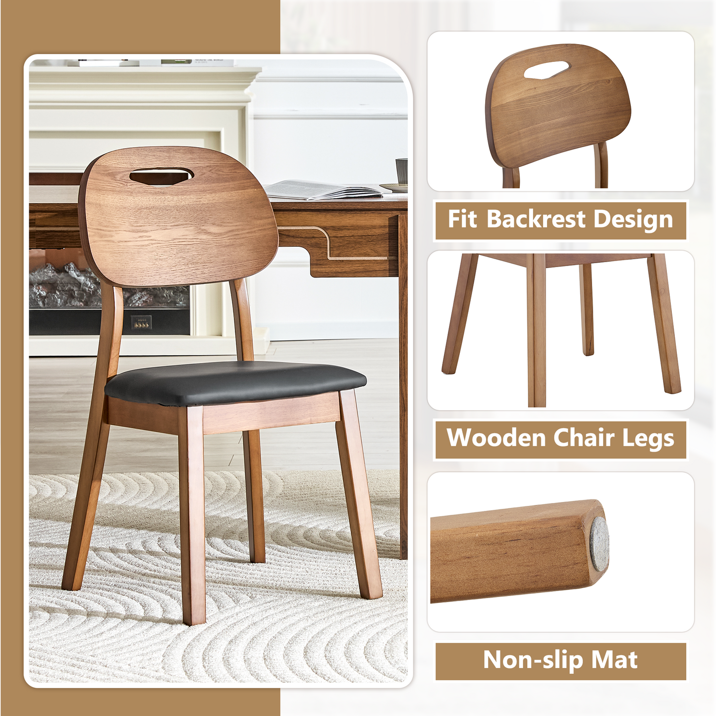 2 Walnut Colored Solid Wood Dining Chairs, Black PU Soft Seat Cushions, Hollowed Out Backrests, And Home Dining Chairs.