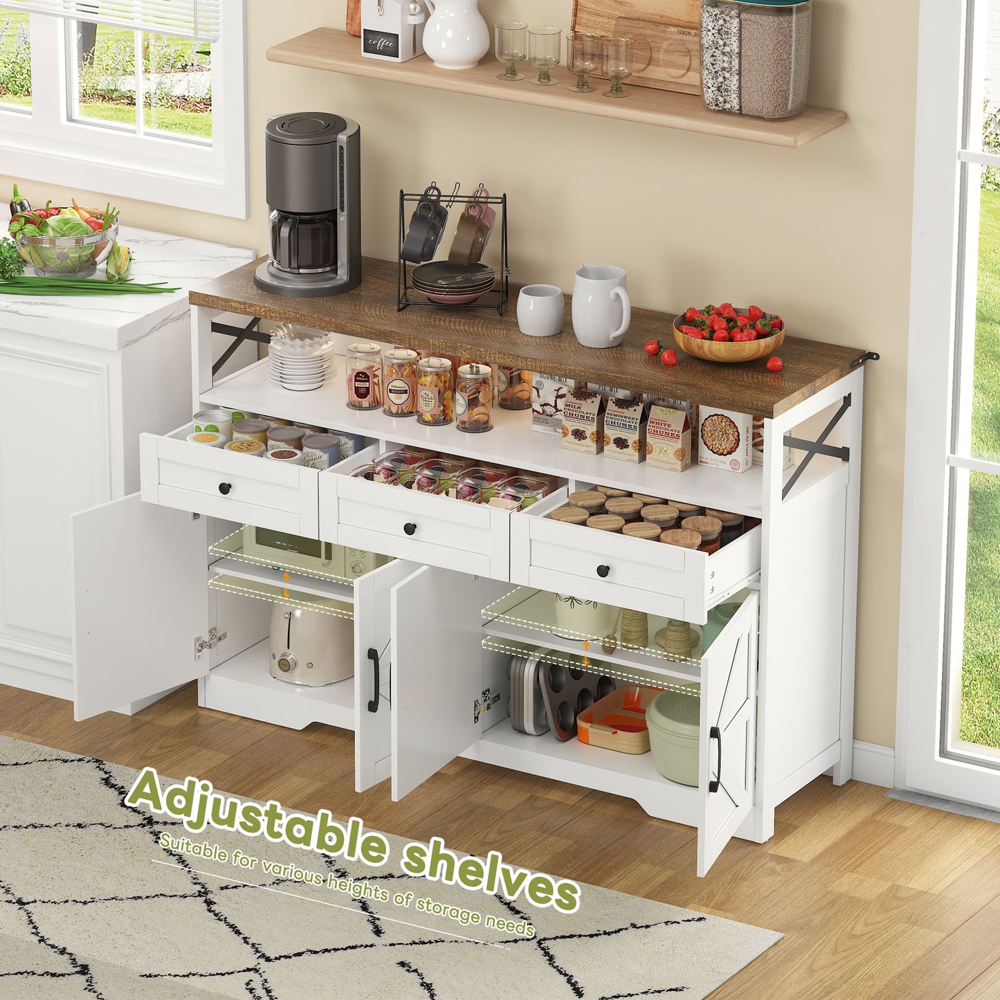 Sideboard 140cm With Storage, Coffee Bar Cabinet With 3 Drawers, Farmhouse Style  With Doors, Cabinets With Shelves, Suitable For Kitchen, Living Room, Hallway, Rustic White Brown Style