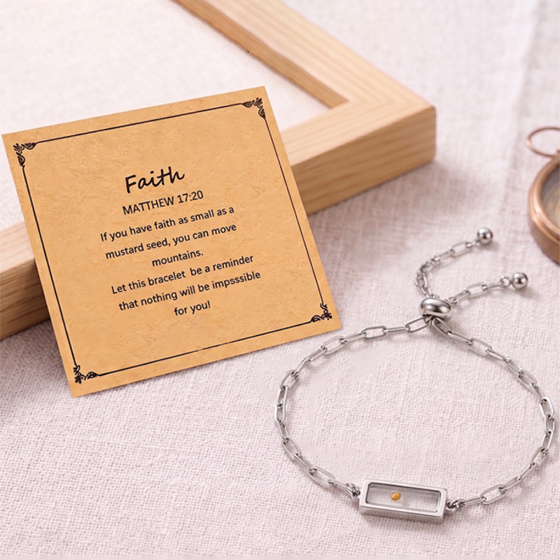 Real Mustard Seed Faith Bracelet For Women, 18K Gold Plated Stainless Steel Paperclip Chain, Adjustable Religious Christian Gift With Scripture Card