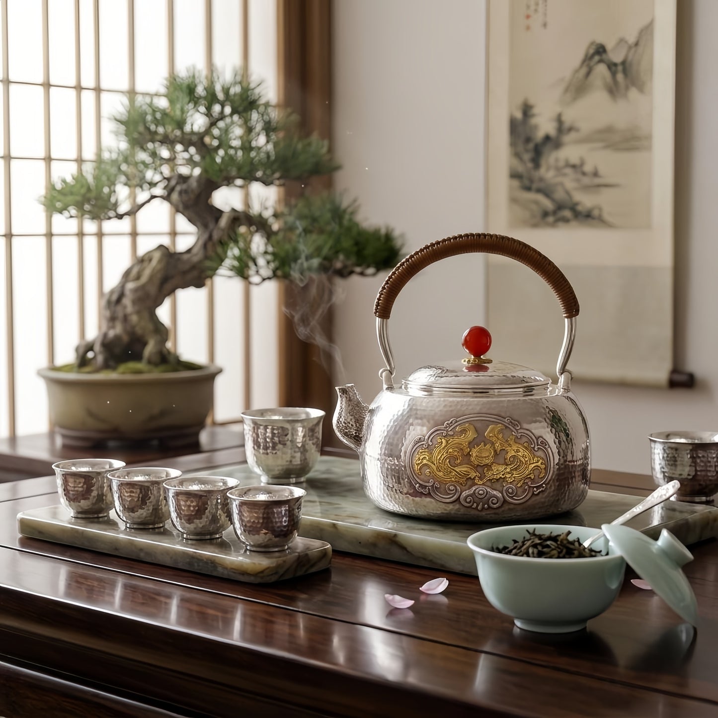 Pure 999 Fine Silver Hand-Hammered Silver Tea Kettle with Intricate Gilt Relief and Natural Rattan Handle - Handicraft