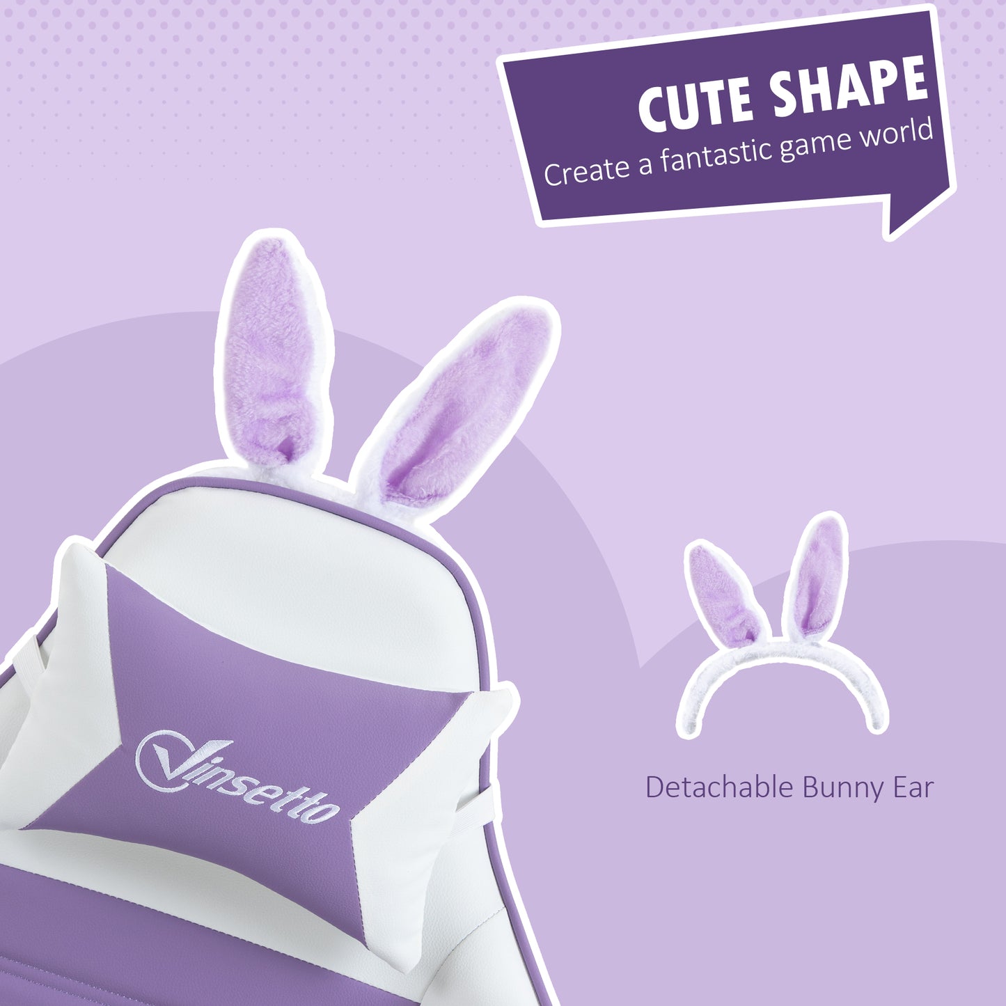 Vinsetto Racing Gaming Chair, Reclining PU Leather Computer Chair With Removable Rabbit Ears, Footrest, Headrest And Lumber Support, Purple