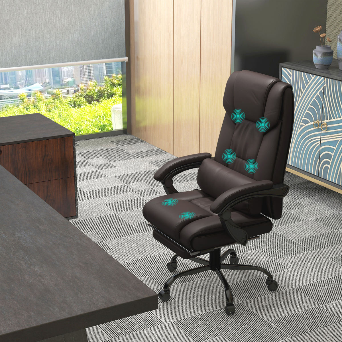 Vinsetto 6-Point Massage Office Chair, PU Leather Desk Chair With Adjustable Height And Footrest For Home Office, Brown