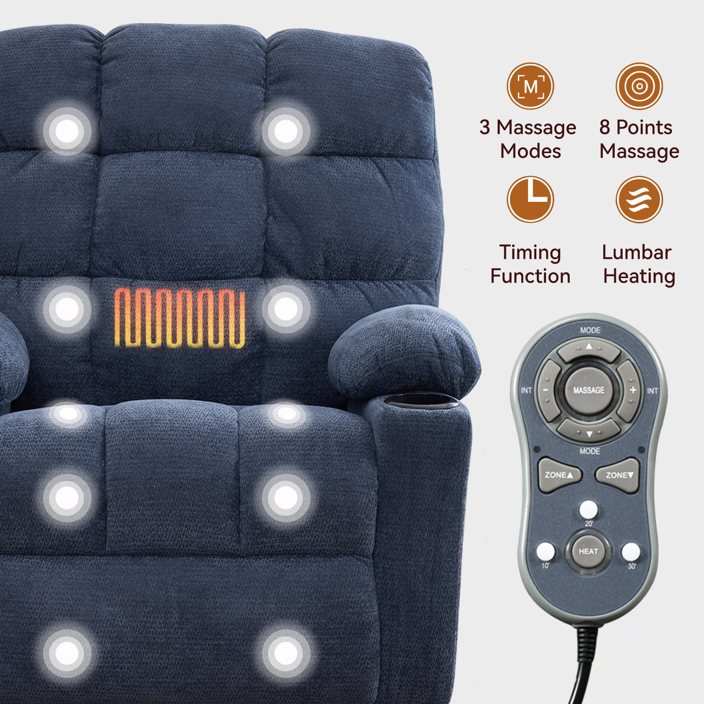 Heat Massage Manual Recliner Chair With Rocker And Swivel In Fabric For Living Room, Blue