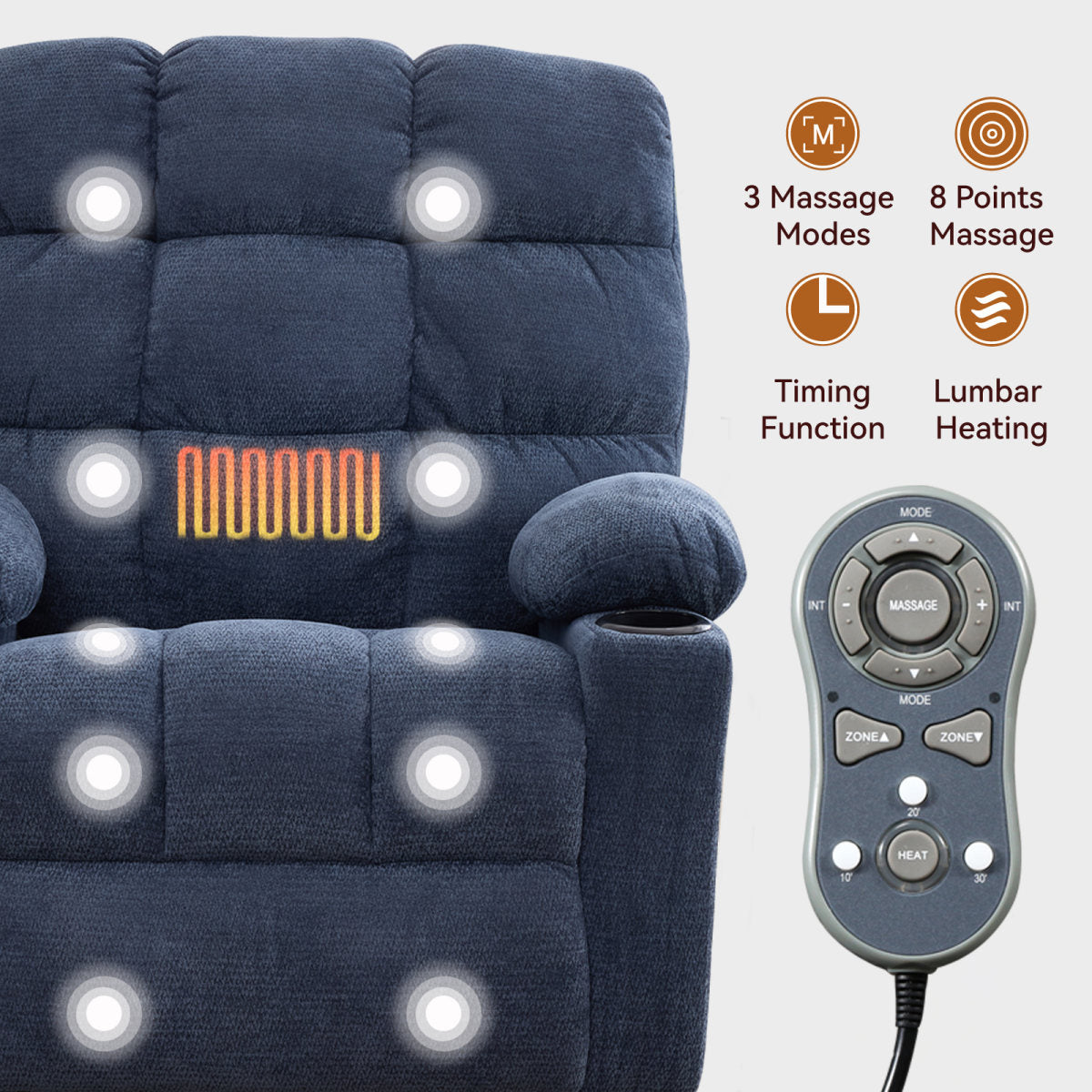 Heat Massage Manual Recliner Chair With Rocker And Swivel In Fabric For Living Room, Blue