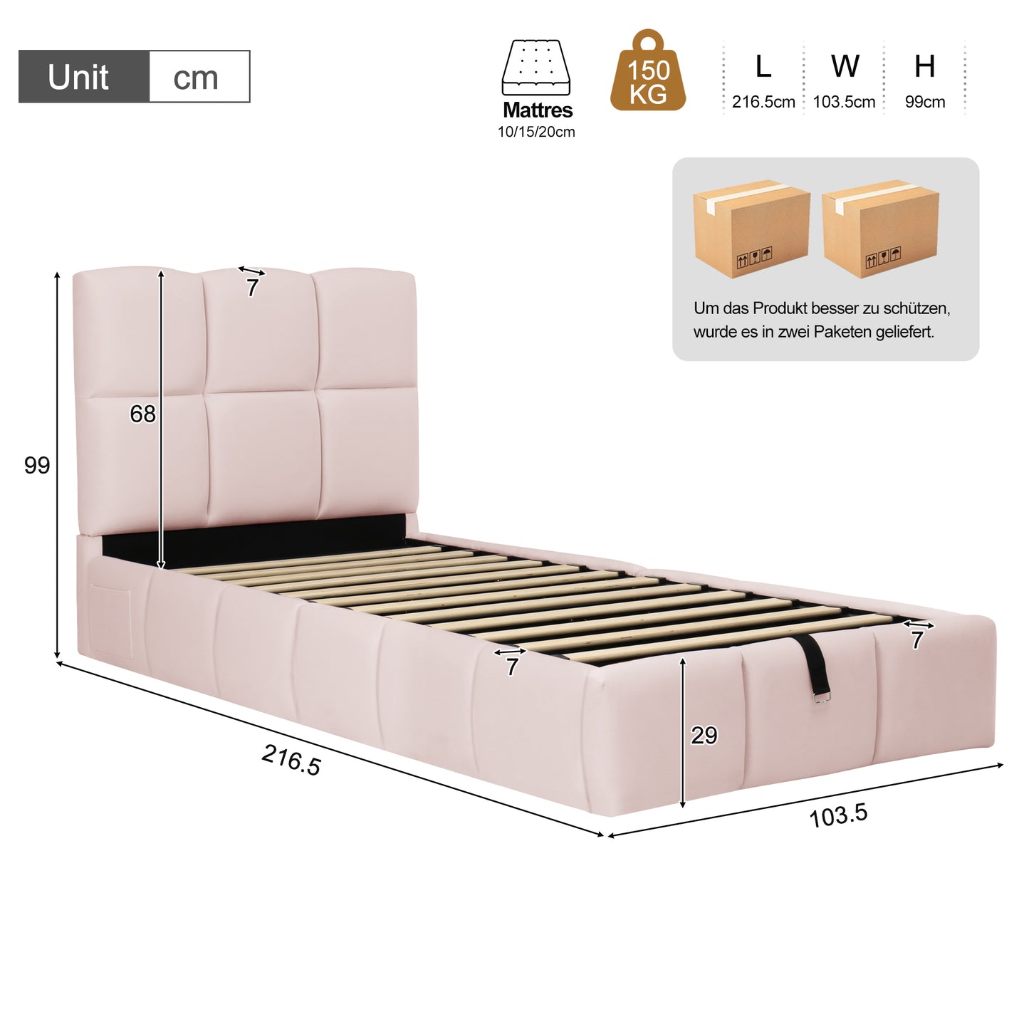 Upholstered Bed, Single Bed, Cot 90 X 200cm, Hydraulic Functional Bed, Bed With Slatted Base, Headboard, Large Storage Space And USB Charging Port, Upholstered Headboard, Velvet, Pink