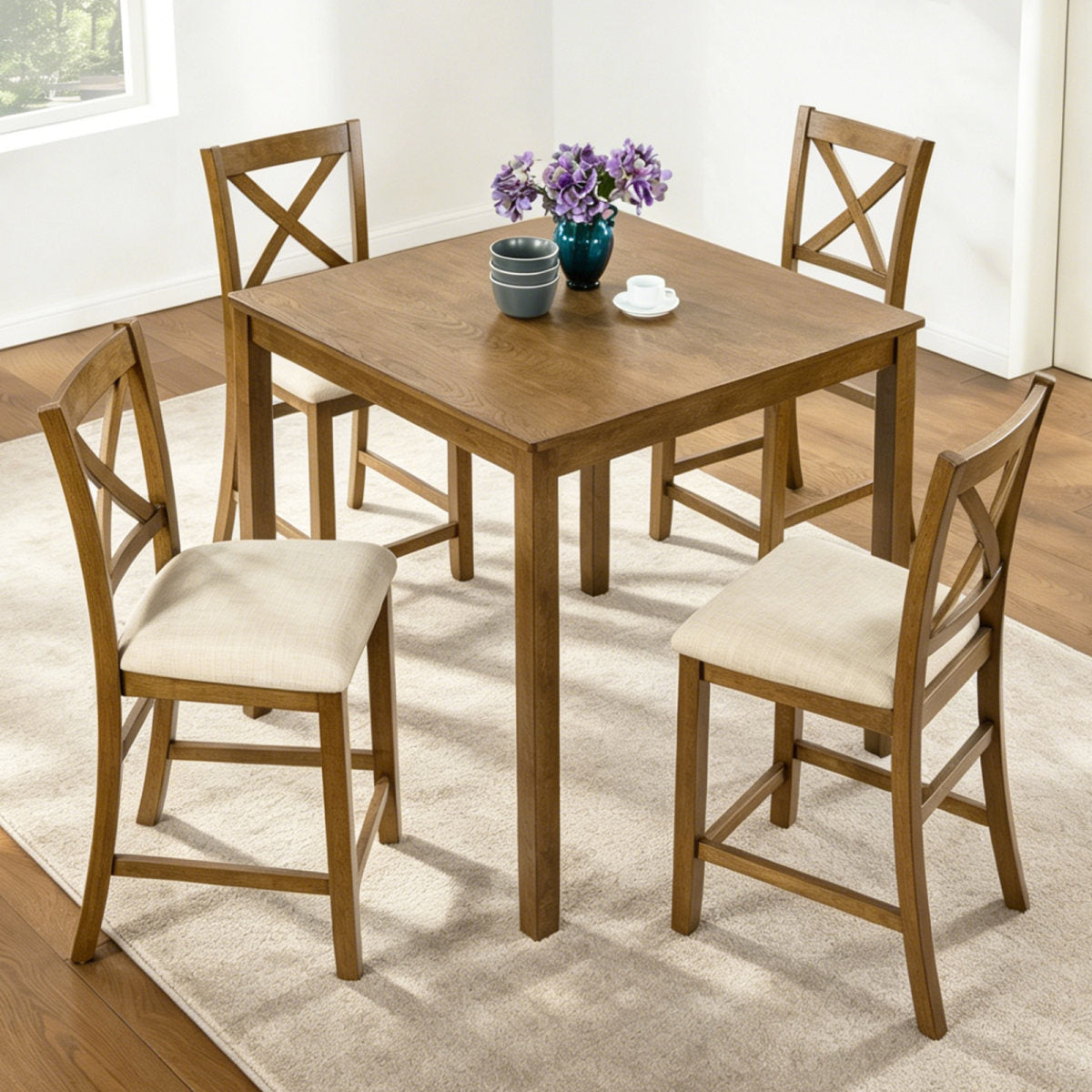 Oak Finish 5-Piece Counter Height Dining Set – Square Table & 4 X-Back Chairs, Solid Wood Frame, Waterproof Surface, Easy Assembly – Perfect for Small Spaces, Kitchen, Apartment or Breakfast Nook