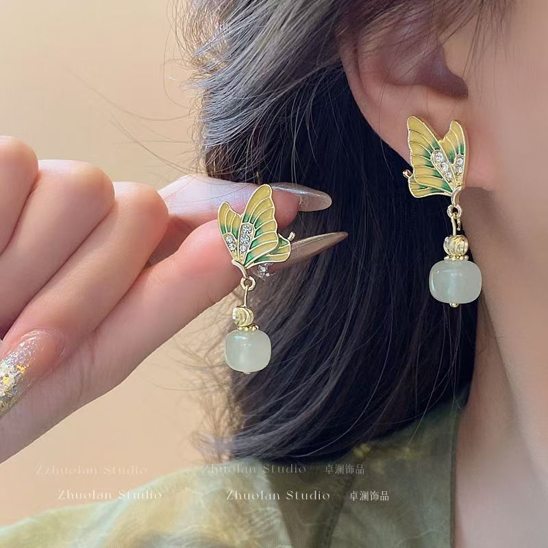 New Chinese Style Butterfly Enamel Stud Earrings With 925 Silver Pin, National Trend All-Match Niche High-End Designer Elegant Ear Jewelry For Women