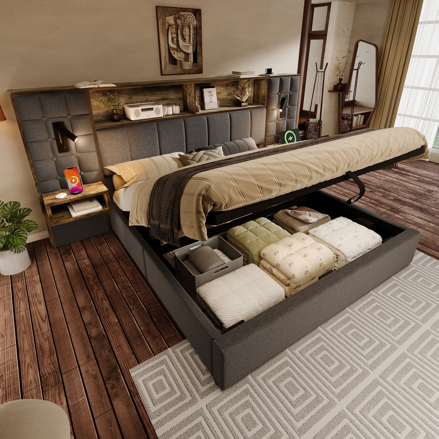 Upholstered Bed 160x200 With Storage Space, Grey System Bed, LED Lighting & 2 Reading Lamps, 2 Integrated Bedside Tables, USB Type-C Charging Port, Linen Fabric, Including Slatted Frame, Without Mattr