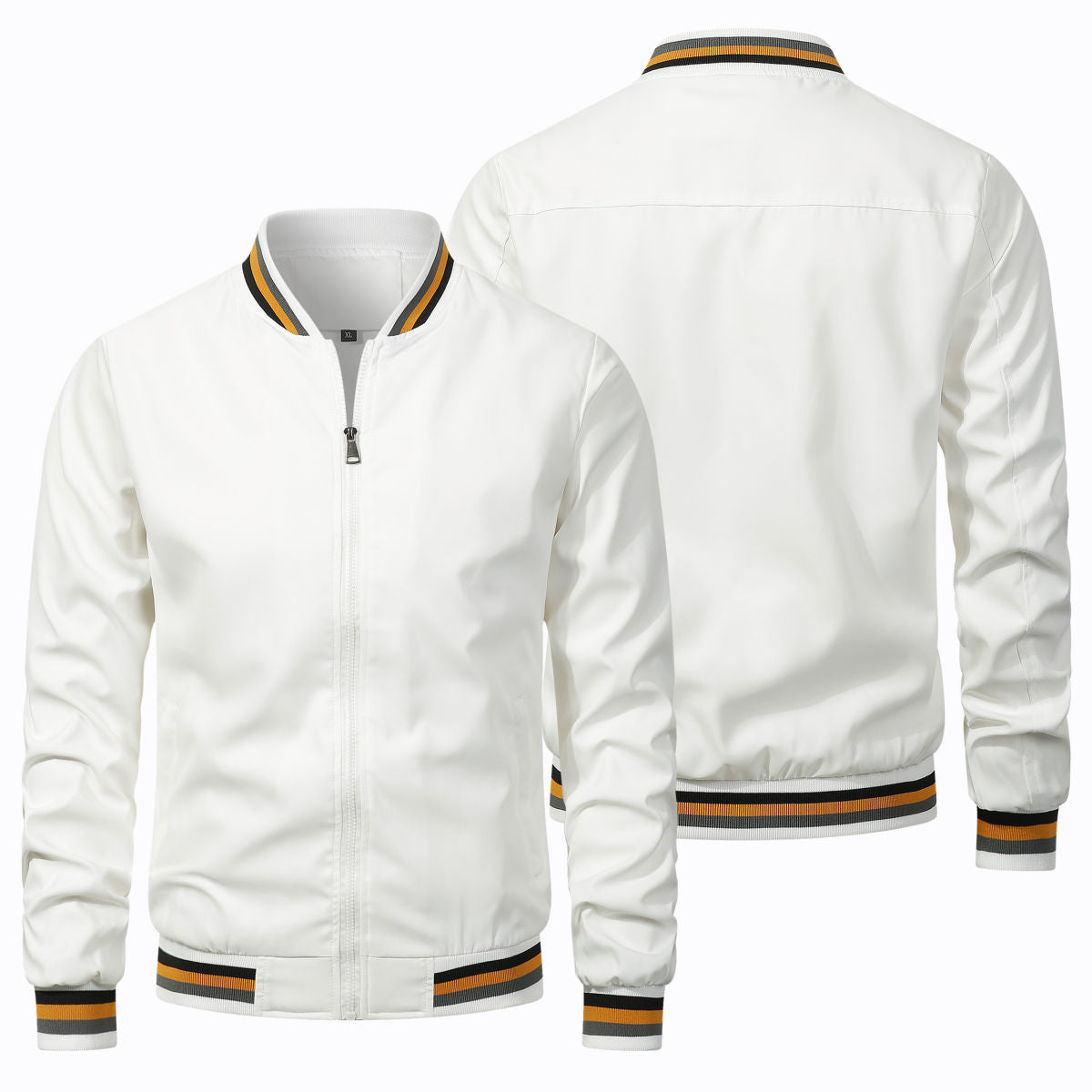 Men's Classic Striped Rib Cuff Bomber Jacket Casual Zip Up Lightweight Windproof Baseball Jacket Solid Black Outdoor Daily Wear Coat