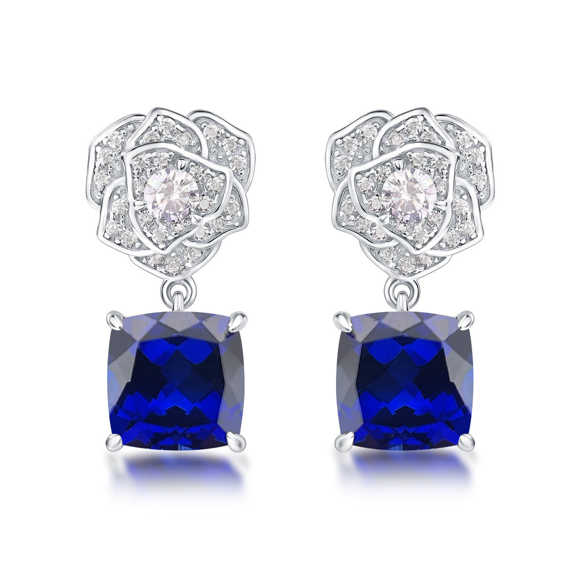 S925 Sterling Silver Rose Drop Earrings, 8mm 6ct Lab-Grown Ruby Sapphire Emerald, Platinum Plated 5g Women's Jewelry Gift Box