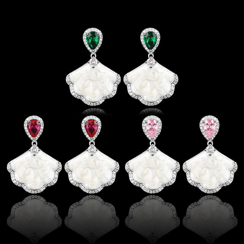 Niche Light Luxury Drop Earrings For Women, Teardrop Blush Tone Simulated Zirconia & Fan Shell Tone Inlay Ear Jewelry Full Pave Shiny Rhinestone Fashion Accessories