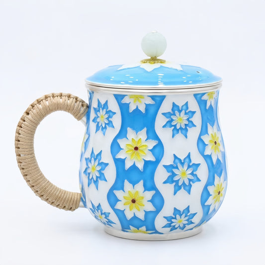 925 Sterling Silver Elegant Ceramic Mug with Floral Design, Woven Handle, and Lid-Premium Indigo Tea Mug - Handicraft