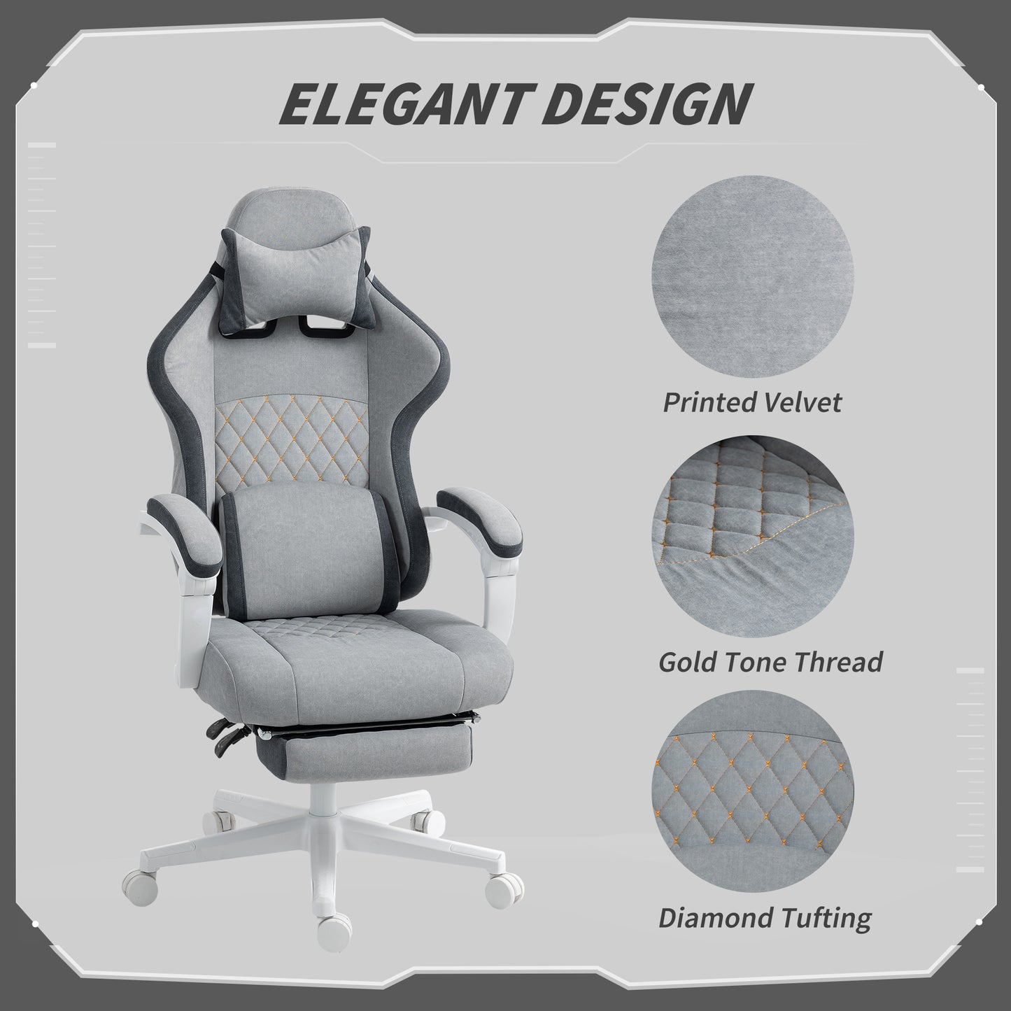 Ergonomic High Back Gaming Chair For Adults, Printed Velvet Computer Recliner Chair With Footrest, Lumbar Support, Adjustable Height And 360Swivel Seat For Office Or Gaming, Grey