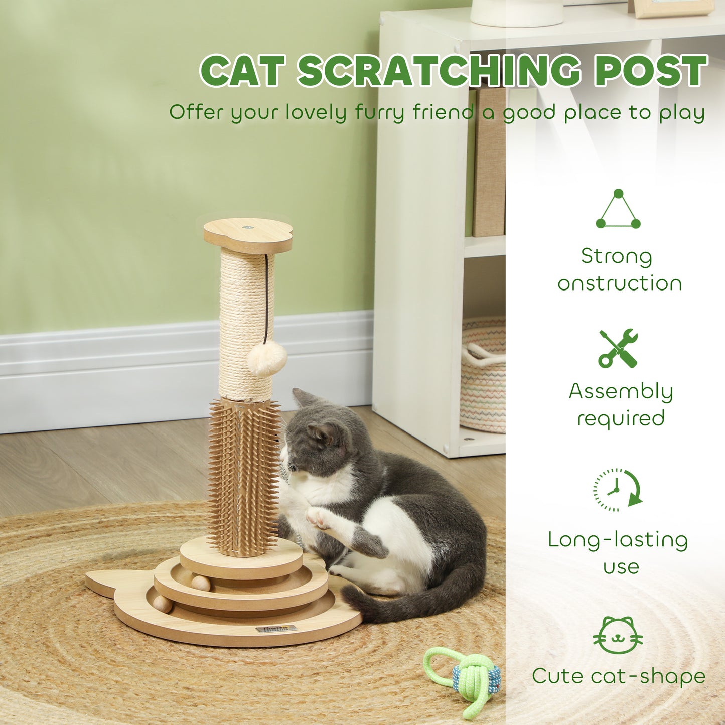 PawHut 49cm 5 In 1 Cat Scratching Post With Sisal Post, Track Ball, Self Grooming Brush, Hanging Toy Ball, Feather, Oak Tone