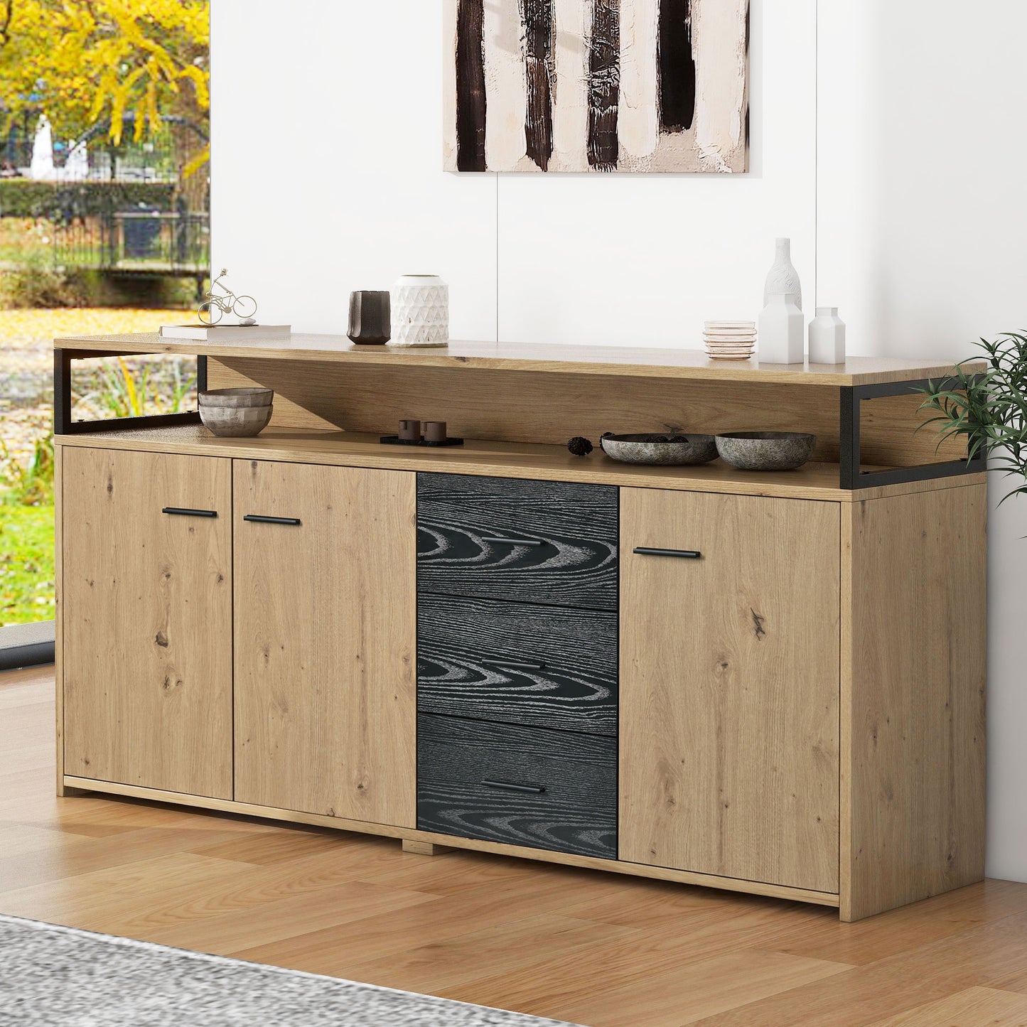 Industrial Sideboard With 3 Doors And 3 Drawers, Chest Of Drawers & Kitchen Cabinet, Multi-purpose Storage Highboard With Metal Handles For Bedroom, Living Room And Office, Size 1503575.9cm