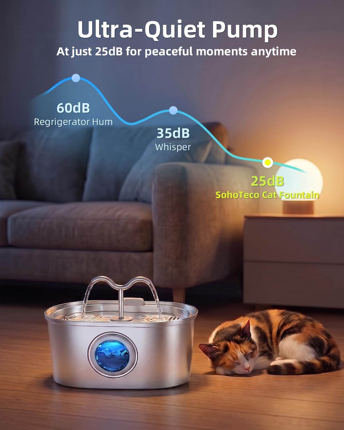Stainless Steel Cat Water Fountain, 108oz-3.2L Pet Water Fountain For Cats Indoor, With Dual Spouts For Multiple Cats, Ultra-Quiet Automatic Dog Water Dispenser