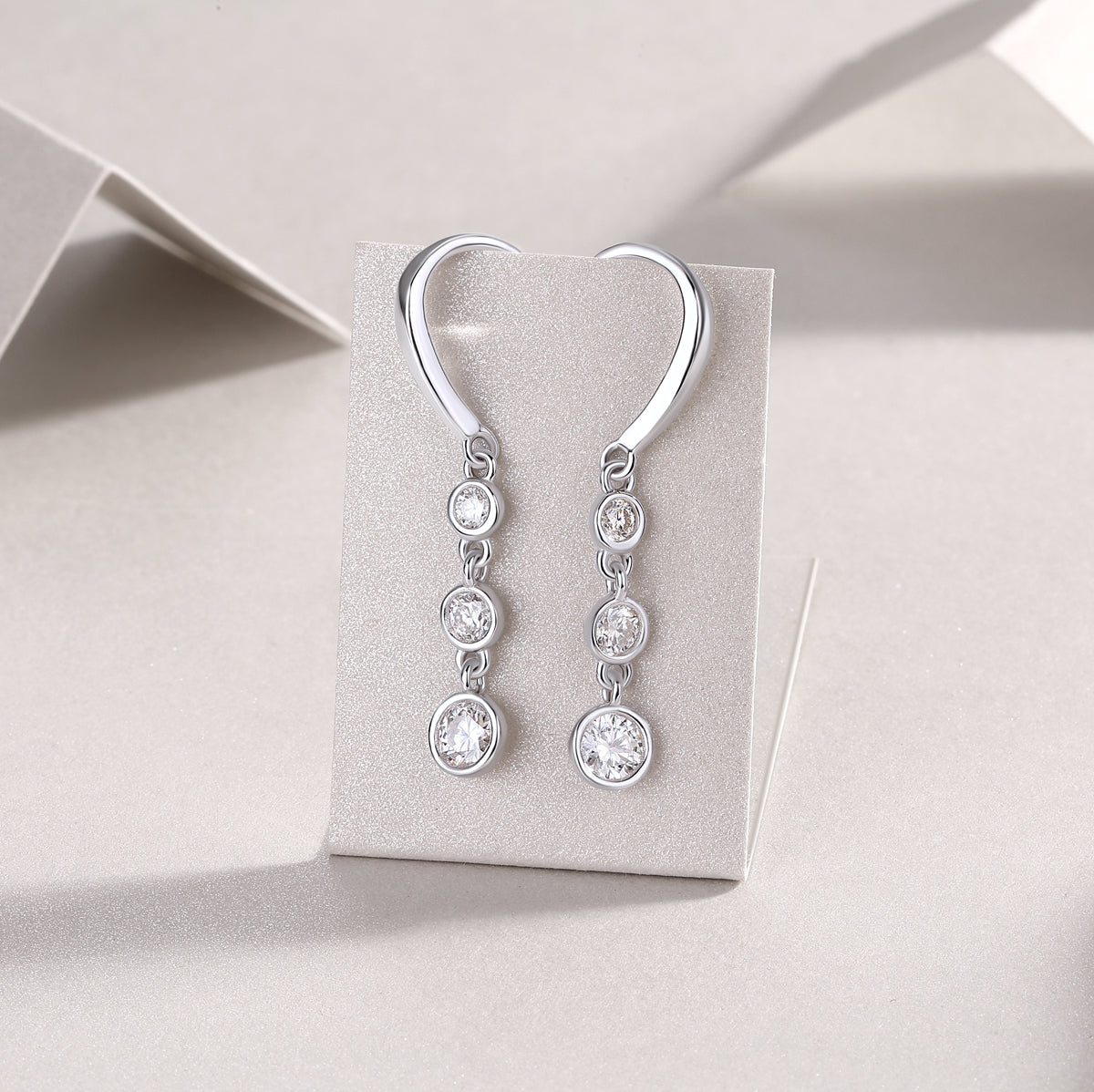 S925 Sterling Silver Three-Stone Drop Earrings, D-VVS1 Moissanite Bezel-Set Dangle, Platinum Plated 1.8g Women's Jewelry Gift Box