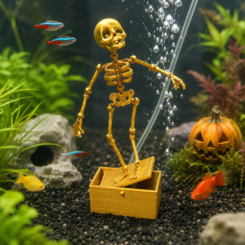 Movable Skeleton Aquarium Ornament, 3D Printed Articulated Skeleton Decor With Swing Treasure Box Base, Fish Tank Underwater Landscape Decoration