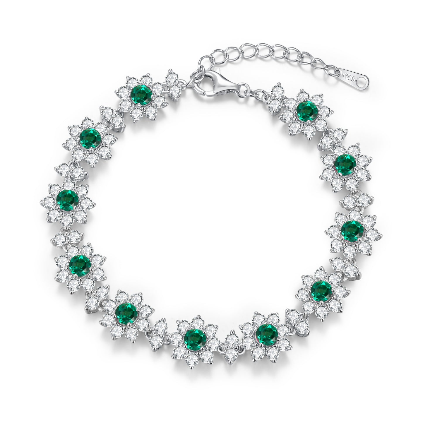 S925 Sterling Silver 4mm Lab-Grown Emerald Ruby Sapphire Bracelet 16cm Vintage Cluster Platinum Plated Gift Box