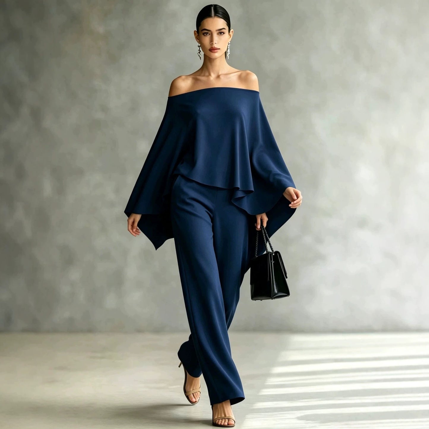 Autumn Fashion Off-Shoulder Wide-Leg Pants Set Womens Solid-Color Asymmetric Two-Piece Set