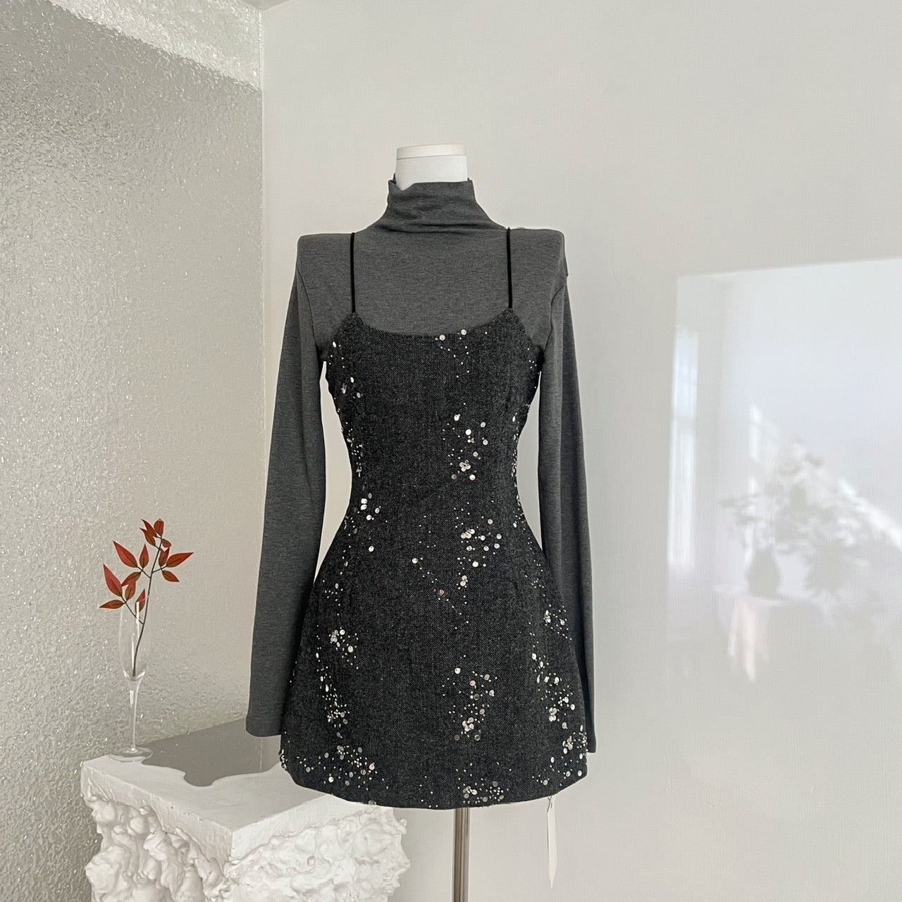 Korean Style Sequin Dress Set - Long Sleeve Turtleneck Top And Sling Party Dress For ClubWedding