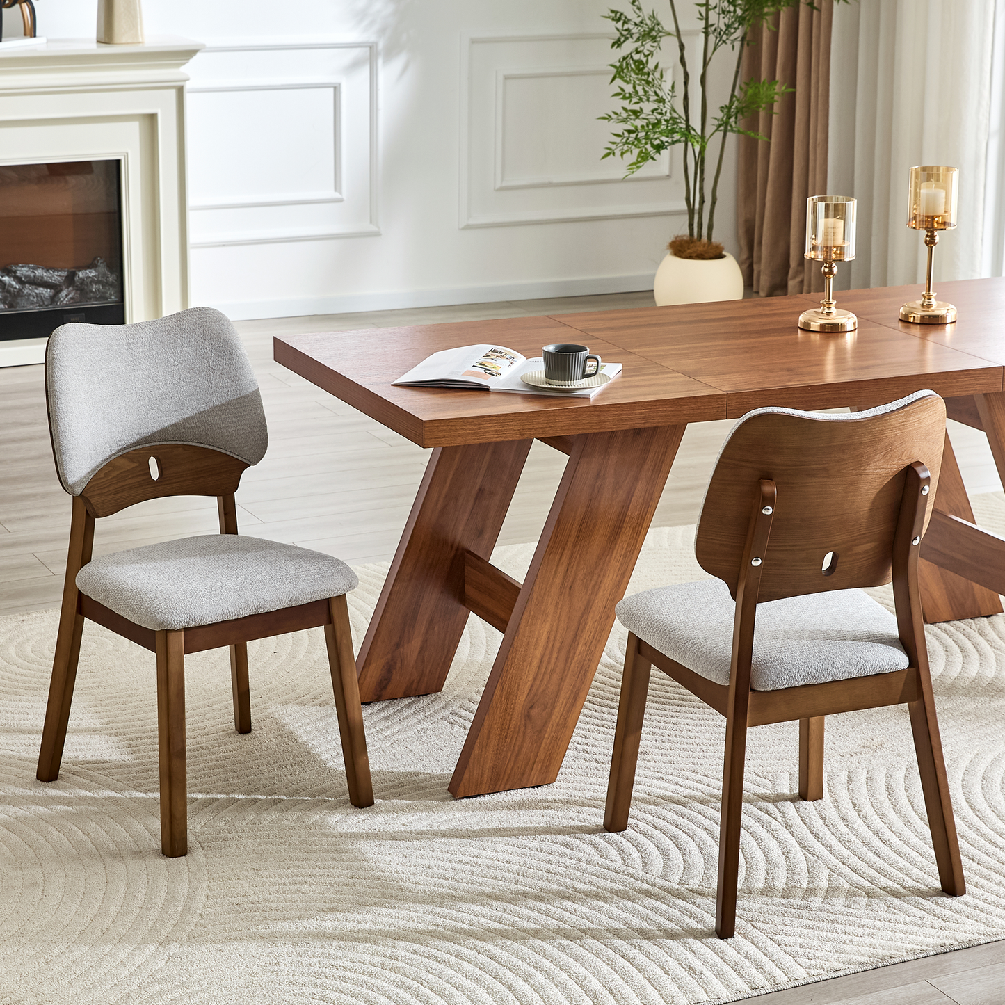 2 Walnut Colored Solid Wood Dining Chairs, With Gray Soft Fabric Packaging On The Backrest And Seat Cushion, Hollowed Out Design Backrest, For Home Dining Chairs.