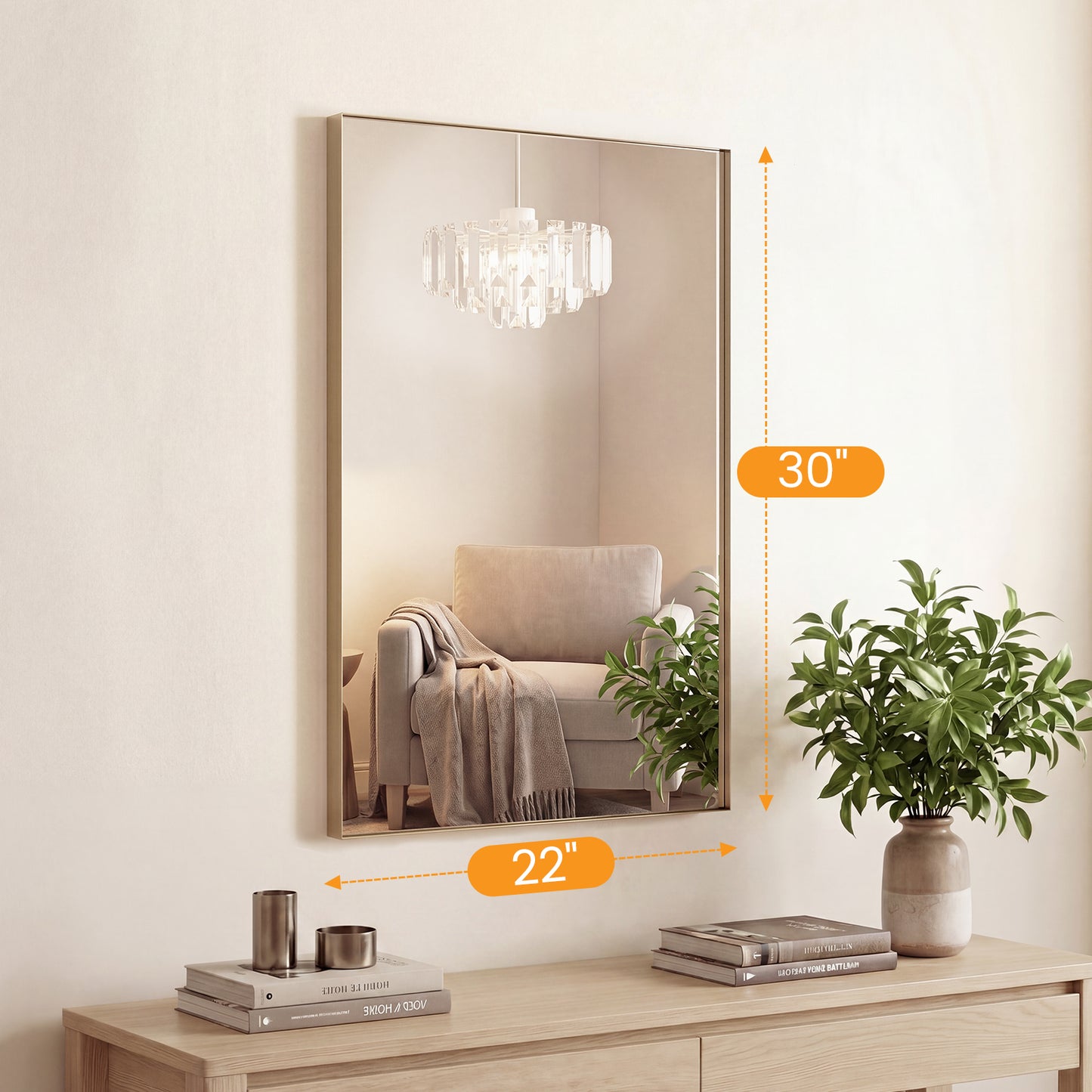 Bathroom Mirror, With Brushed Aluminum Frame, Rectangular Design, Square Corners At All Four Sides, Suitable For Wall Decoration In Home.